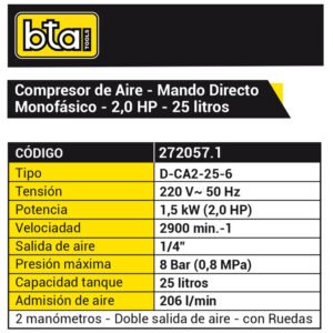 Compresor Aire 25L 2Hp Monofásico - Imagen 2