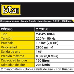 Compresor de Aire 100 Litros 2hp Monofásico - Imagen 2